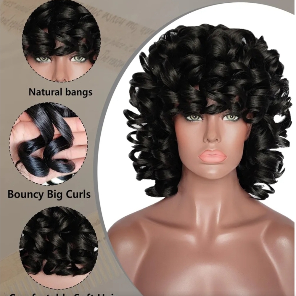 Black Curly Wig with Natural Bangs